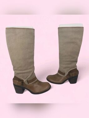 Bandolino Brown Leather & Taupe Suede Slouchy Tall Western Boots Stacked Heel 9